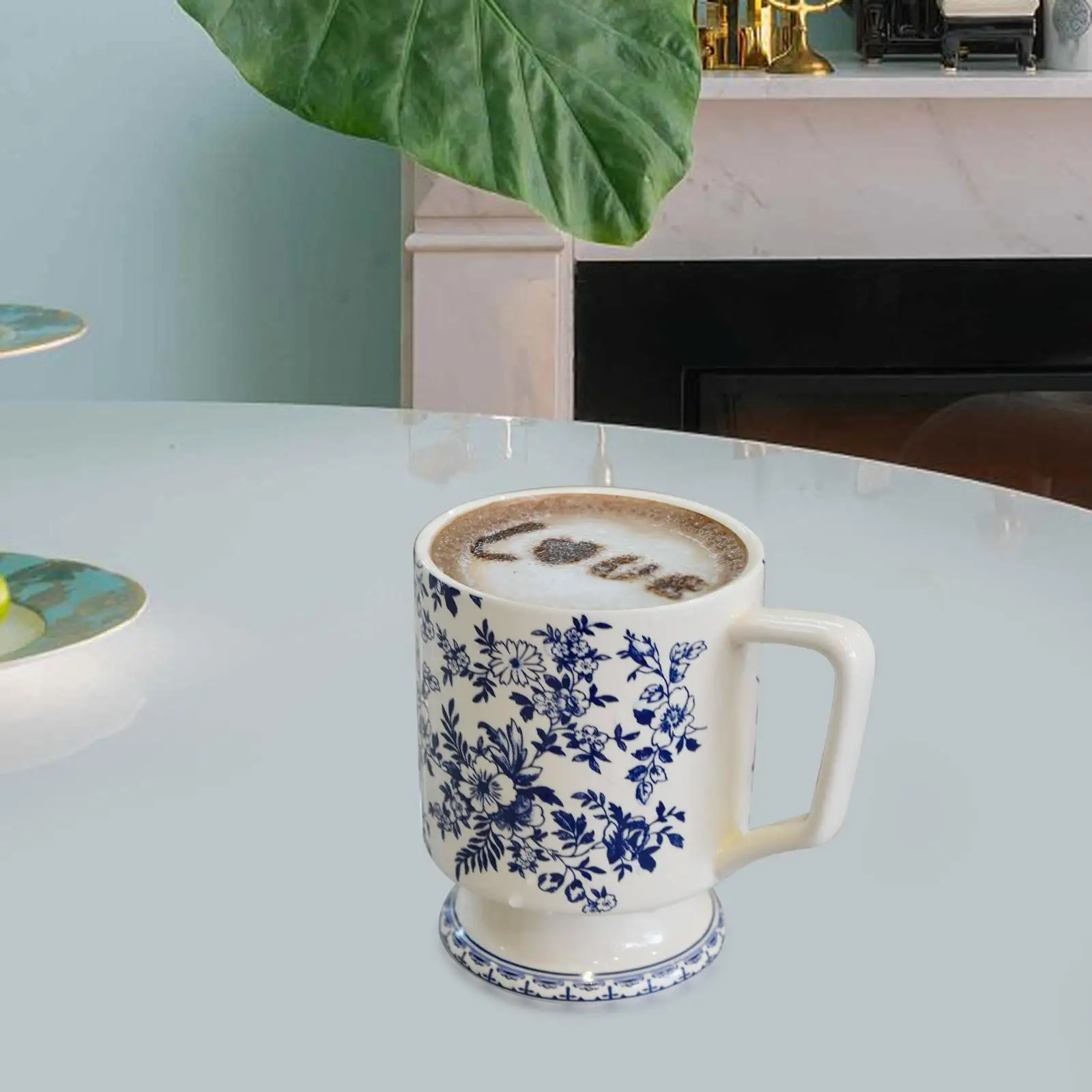 Floral Mug 420ml Ceramic Teacup Blue Flower Mug for Brother Men Women Friend