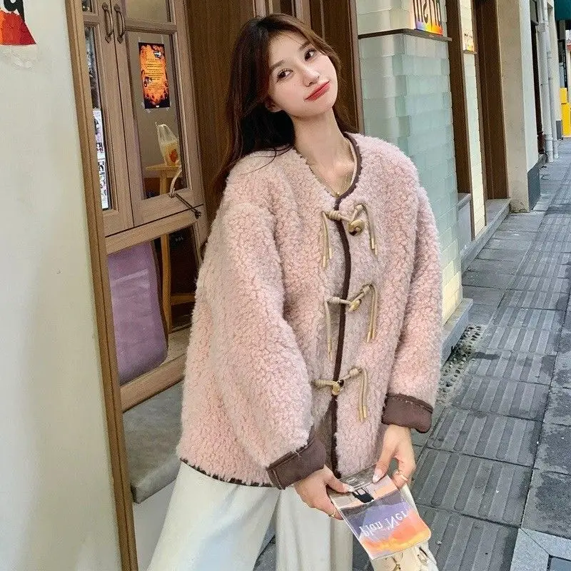 

Autumn Winter Lamb's Wool Jacket Women Design Chic Sweet Fluffy Coat Long Sleeve Tops Buttons Coat Women Clothing Trend New