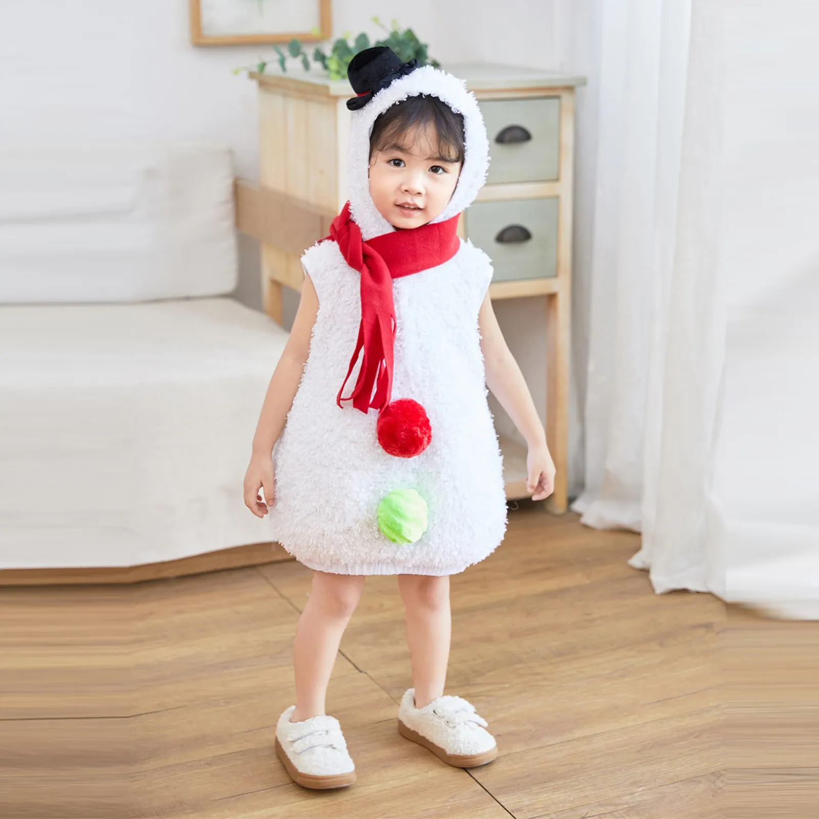 

Infant Kids Boys Girls Christmas Sleeveless Cartoon Snowman Cosplay Fleece Costume Jumpsuit Scarf Outfits Baby Cute Xmas Clothes