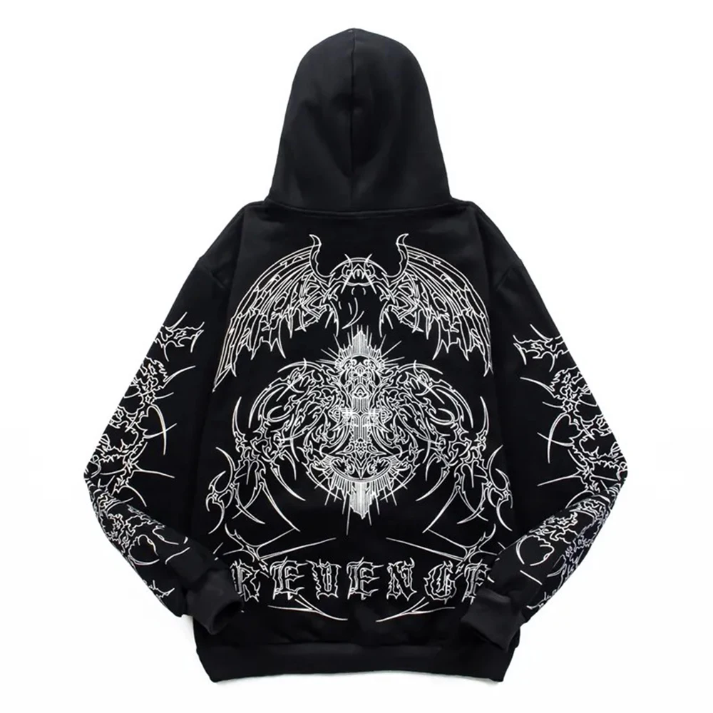 

American Street Dark Style Print Skull Wings Hot Silver Line Retro Spoof Hoodie Sweater Autumn Winter Fashion Y2k Sweater Men