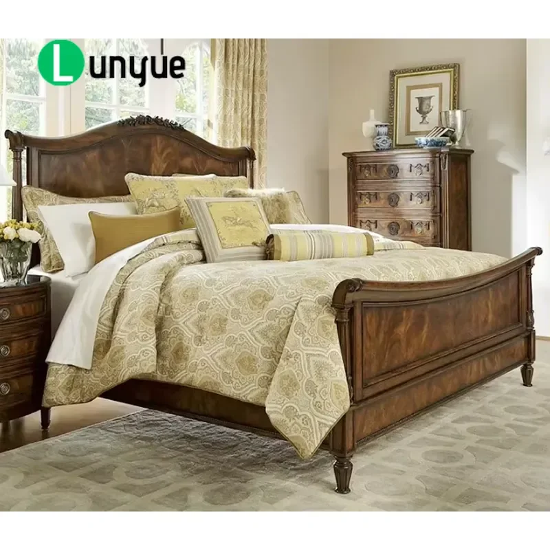 Classic American Solid Wood Bed 1.8m Luxury Carved Sleigh Bed High Quality Antique Style Bedroom Furniture Exquisite Design