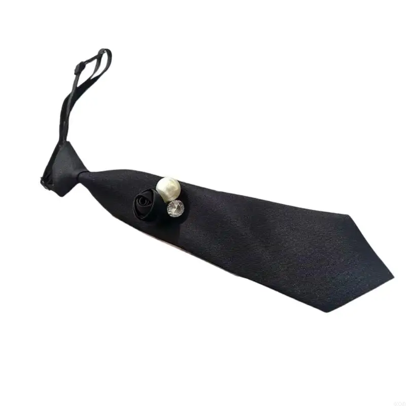 Trendy Black Pre Tied Neck Tie with 3D Floral Accents and Rhinestones Pearls