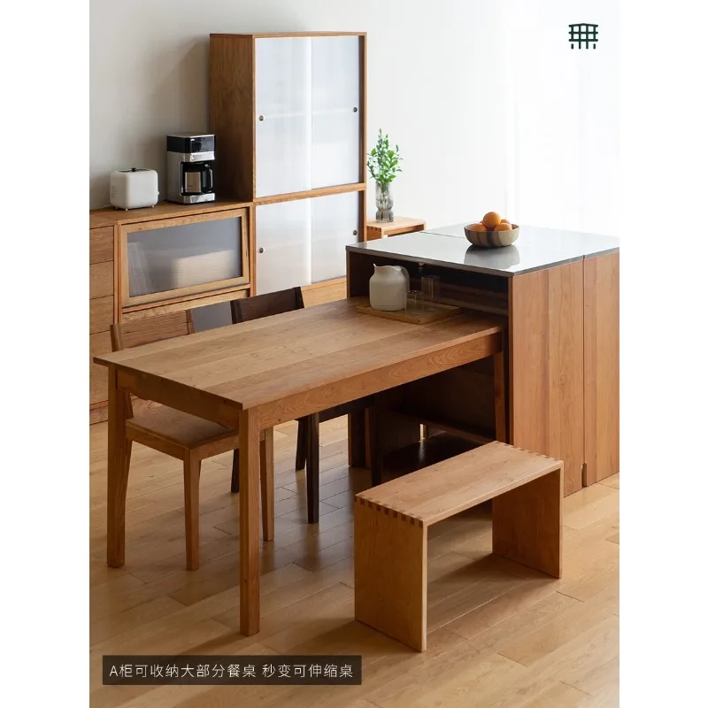 Stainless Steel Island Kitchen Cabinet with Solid Wood Dining Side Table Telescopic Integrated Storage Bar All in One Design