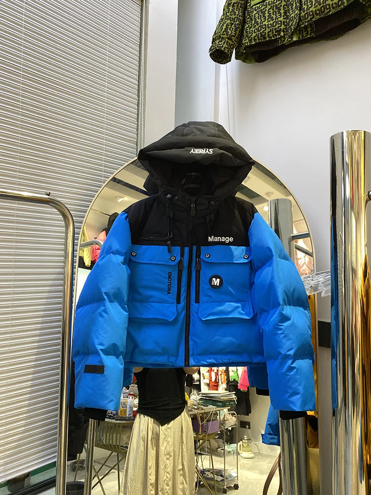 Trendy short workwear down jacket women's winter new style letter printing hooded splicing contrasting white duck down coat