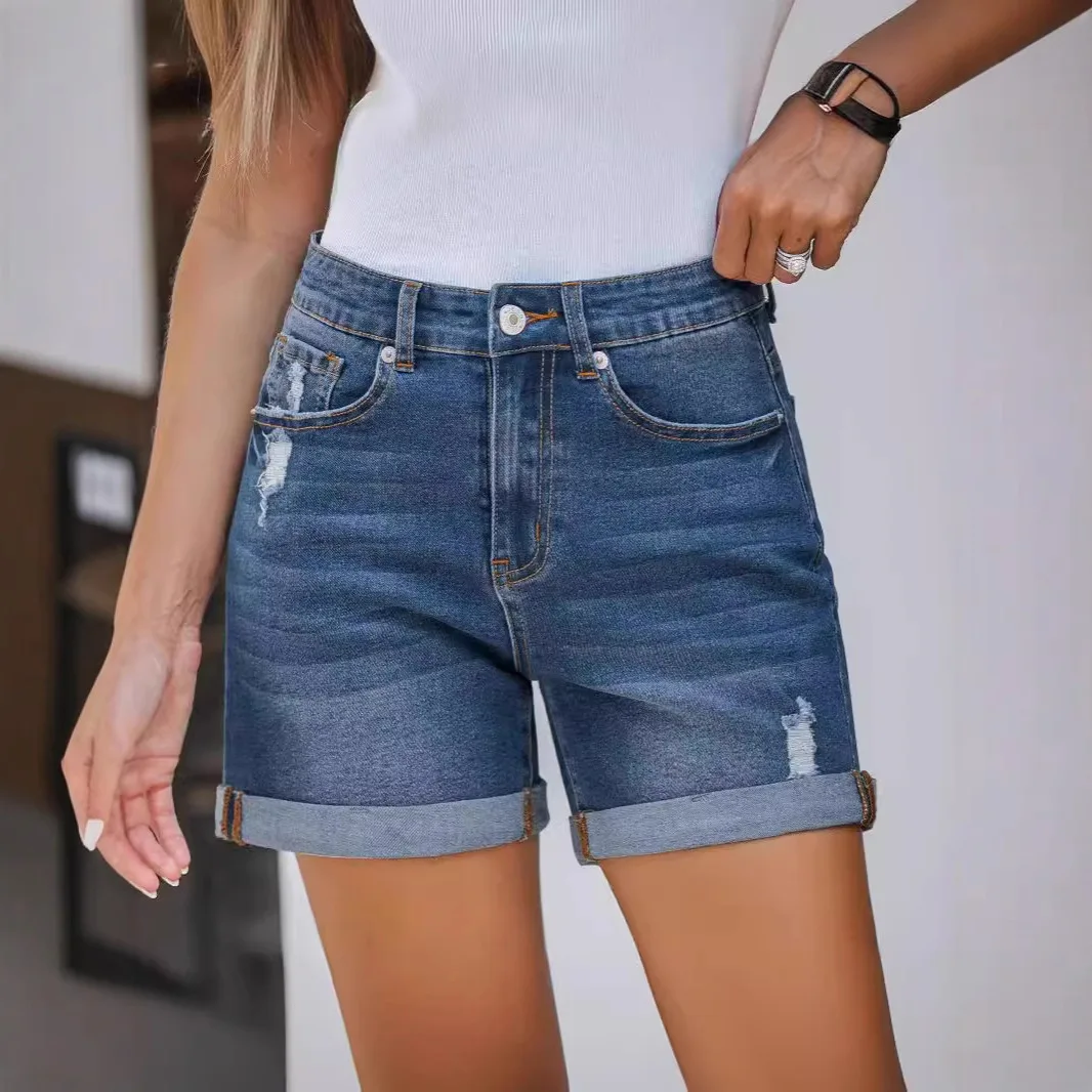 Y2K Straight Leg Slim Fit Jeans Shorts Women's Distressed Hem Denim Cutoffs High Waist Cotton Stretch Summer Fashion