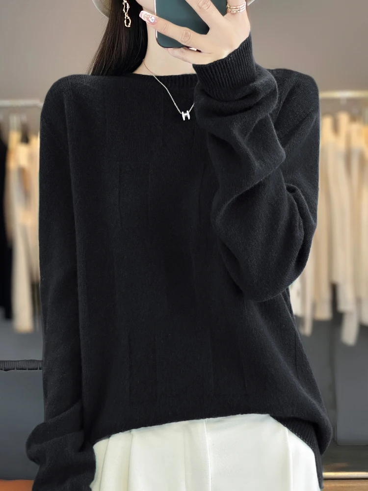 High Quality Autumn Winter Women 100% Merino Wool Sweater Plaid O-Neck Loose Knit Pullover Casual Classic Cashmere Clothing Top