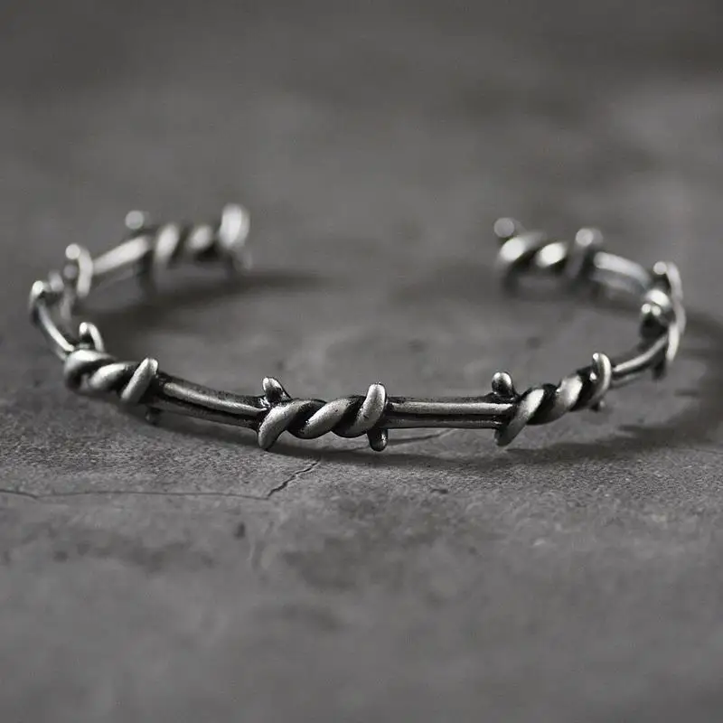 Personality Fashion Thorn Line Geometric Sleeve Barbed Wire Open Bangle for Men Punk Bracelet Trend Jewelry Gift