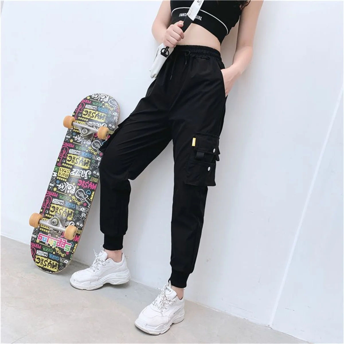 Pantalon cargo noir décontracté pour femme, jogging femme, taille haute, Hip Hop, FJKorean Punk, Capri drôle, Streetwear