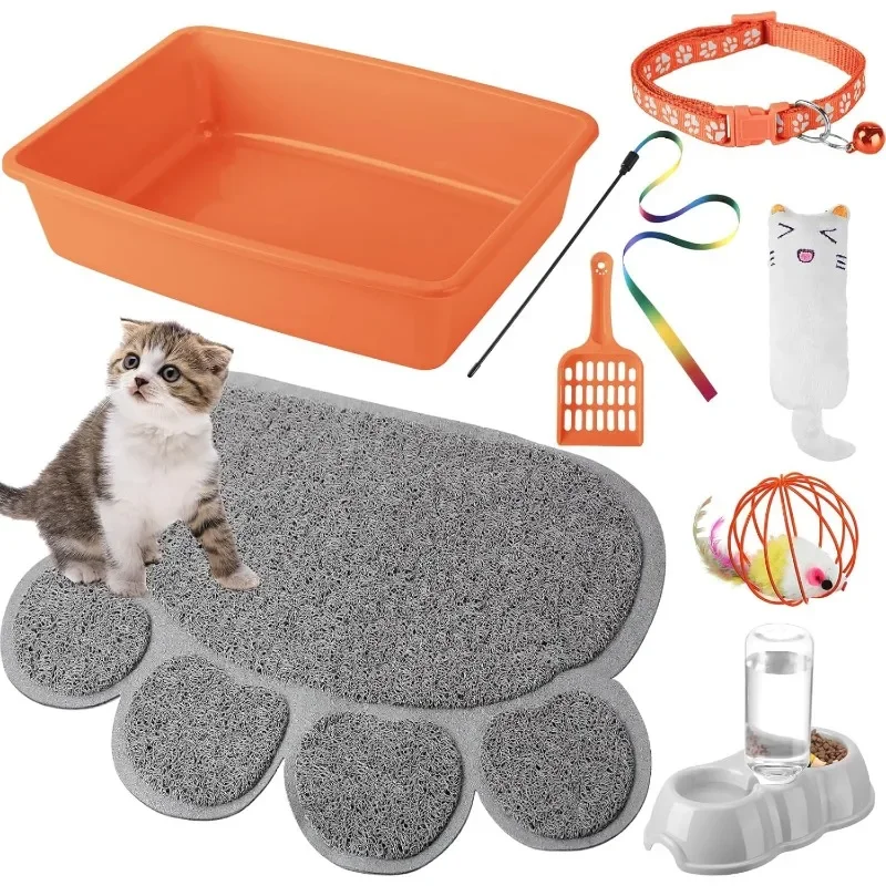 7 Pcs Small Kitten Starter Kit Litter Box with Shovel Cat Paw Litter Mat Double Automatic Cat Bowls Cat Toy Teaser Stick