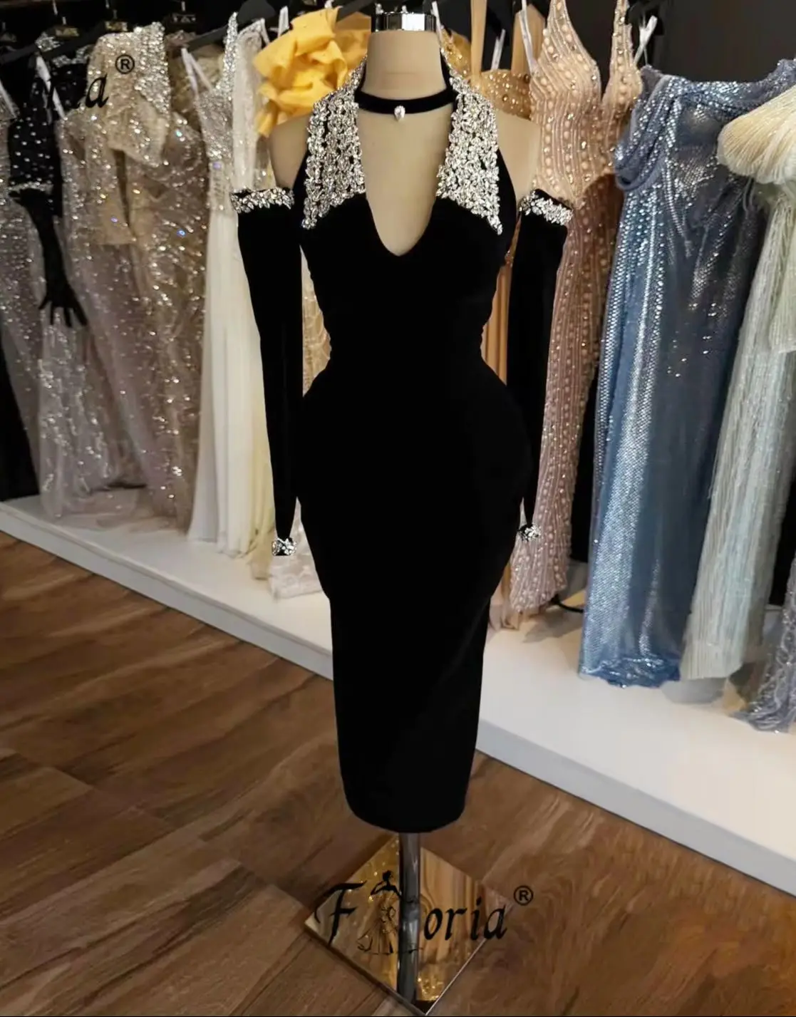 크리스탈 블랙 벨벳 댄스 파티 드레스 발목 길이 긴 소매 칵테일 파티 드레스 꾸뛰르 이브닝 가운 플러스 사이즈 2025 맞춤형