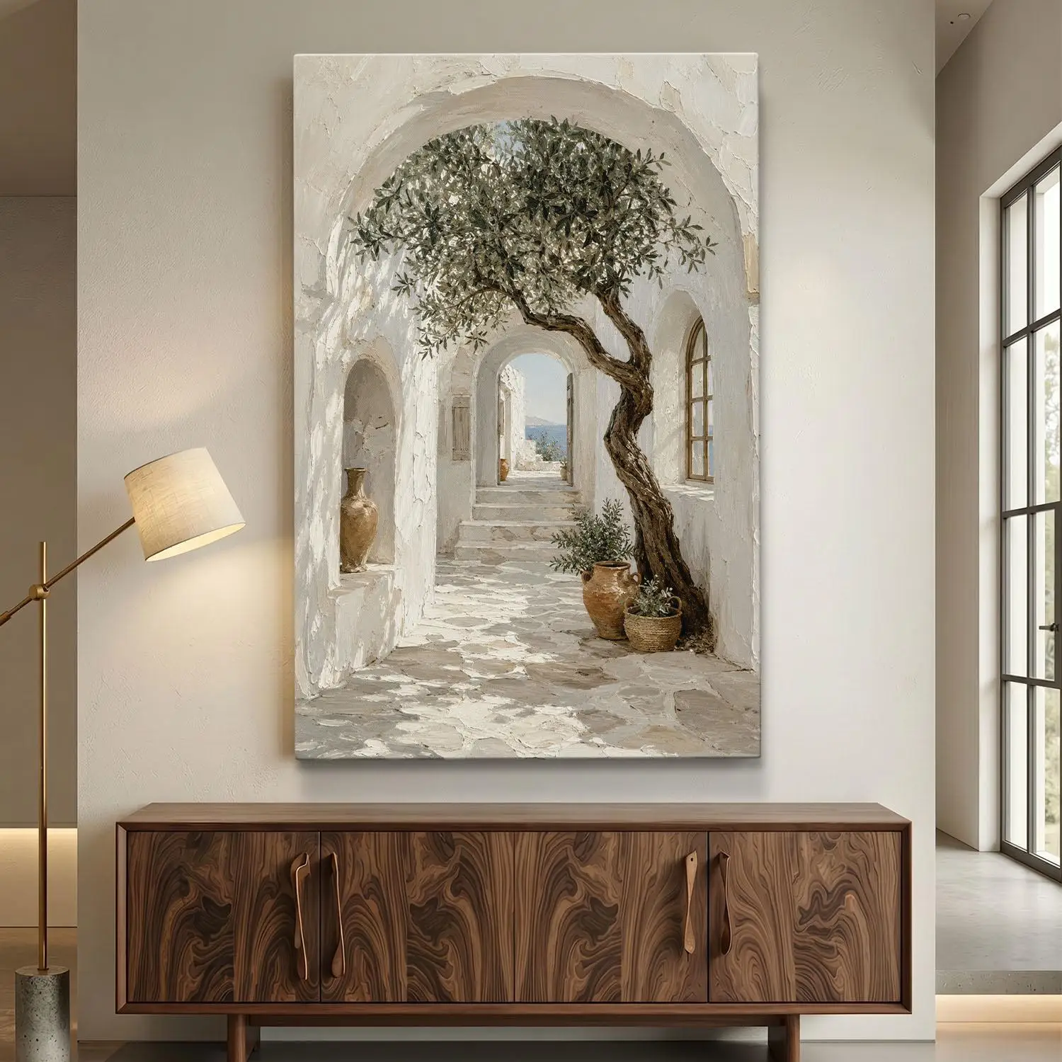 No Frame Mediterranean olive tree canvas print, Greek architecture wall art, neutral home decor, rustic Tuscan courtyard, room d