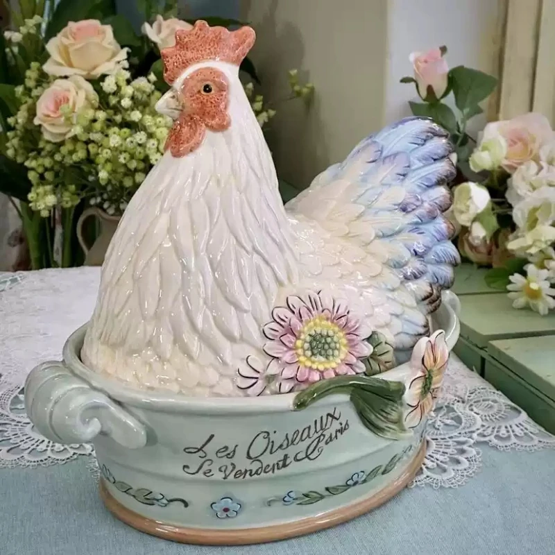 French Vintage Egg Container Ceramic with Cover Fruit Bowl Creative Hen Storage Tank Living Room Wine Cabinet Home Accessories