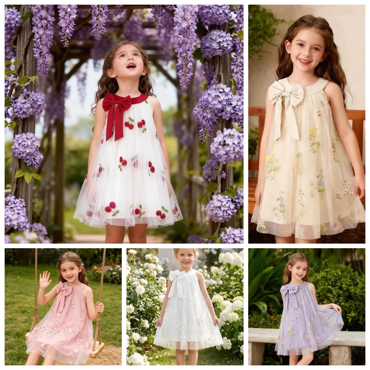 Vibrant Girls Halter Dress Red Bow Cherry Fruit‑embroidered Tulle Tutu Dress Kids Summer Garden‑party Princess Party Dress ZD36