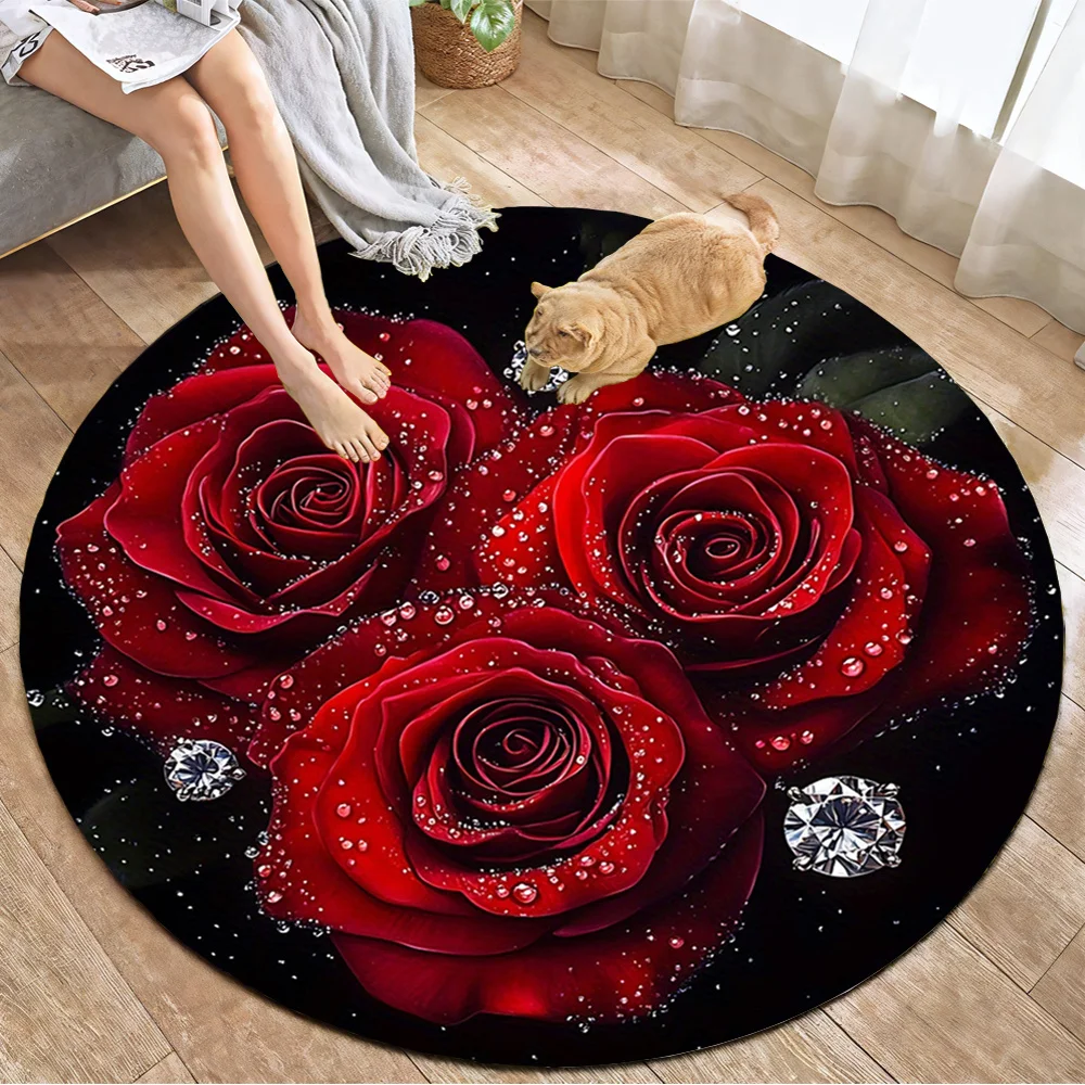 Red Roses Round Rug Flannel Romantic Flower Design Floor Mat for Valentine’s Day Wedding Anniversary Home Decor Luxury Gift