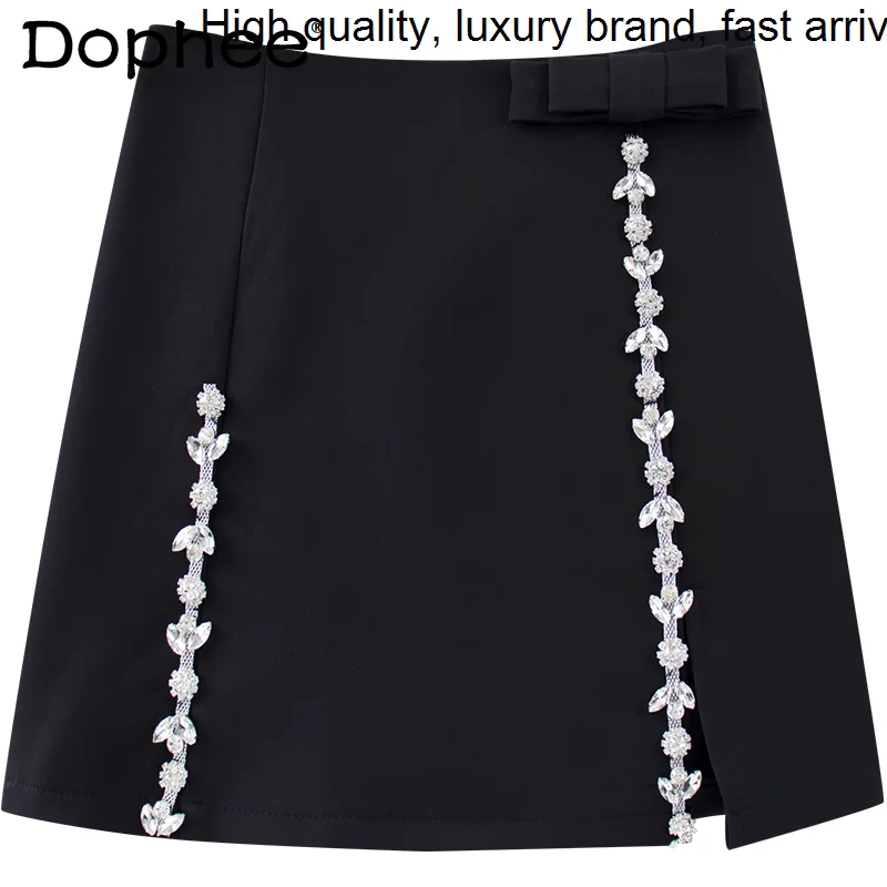 Split Exquisite Rhinestone White Short 2023 Summer New Design Slimming Fashion High Waist Hip A- Line Mini Skirt for Women