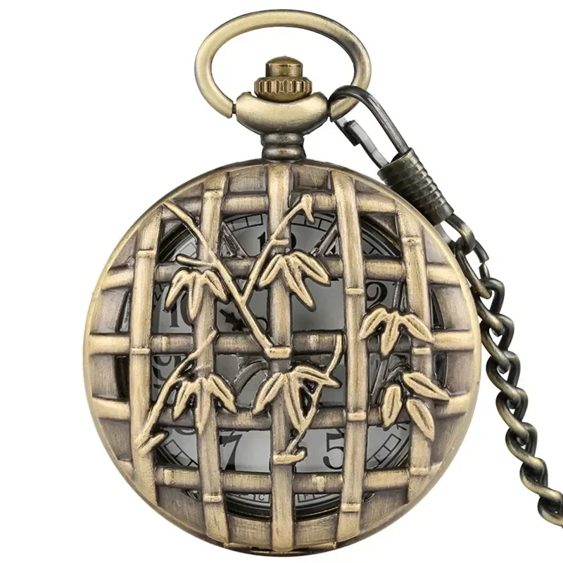 Vintage Hollow Out Bamboo Case Retro Quartz Pocket Watch for Men Women Arabic Number Clock with Bronze Necklace Chain reloj