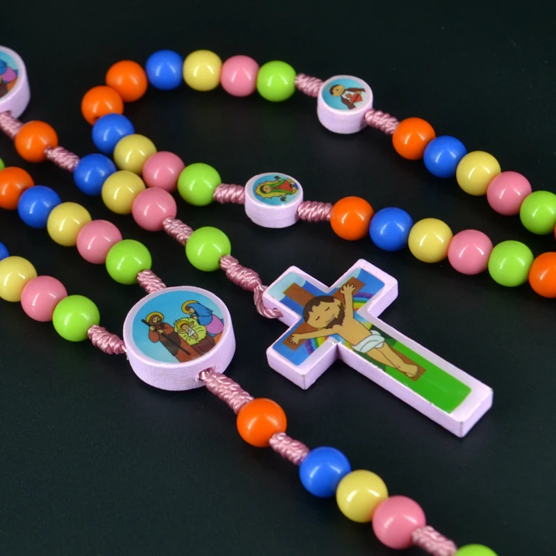 Rosary Beads Cartoon JESUS Cross Children Kid Girls Catholic Fashion Religious Jewelry