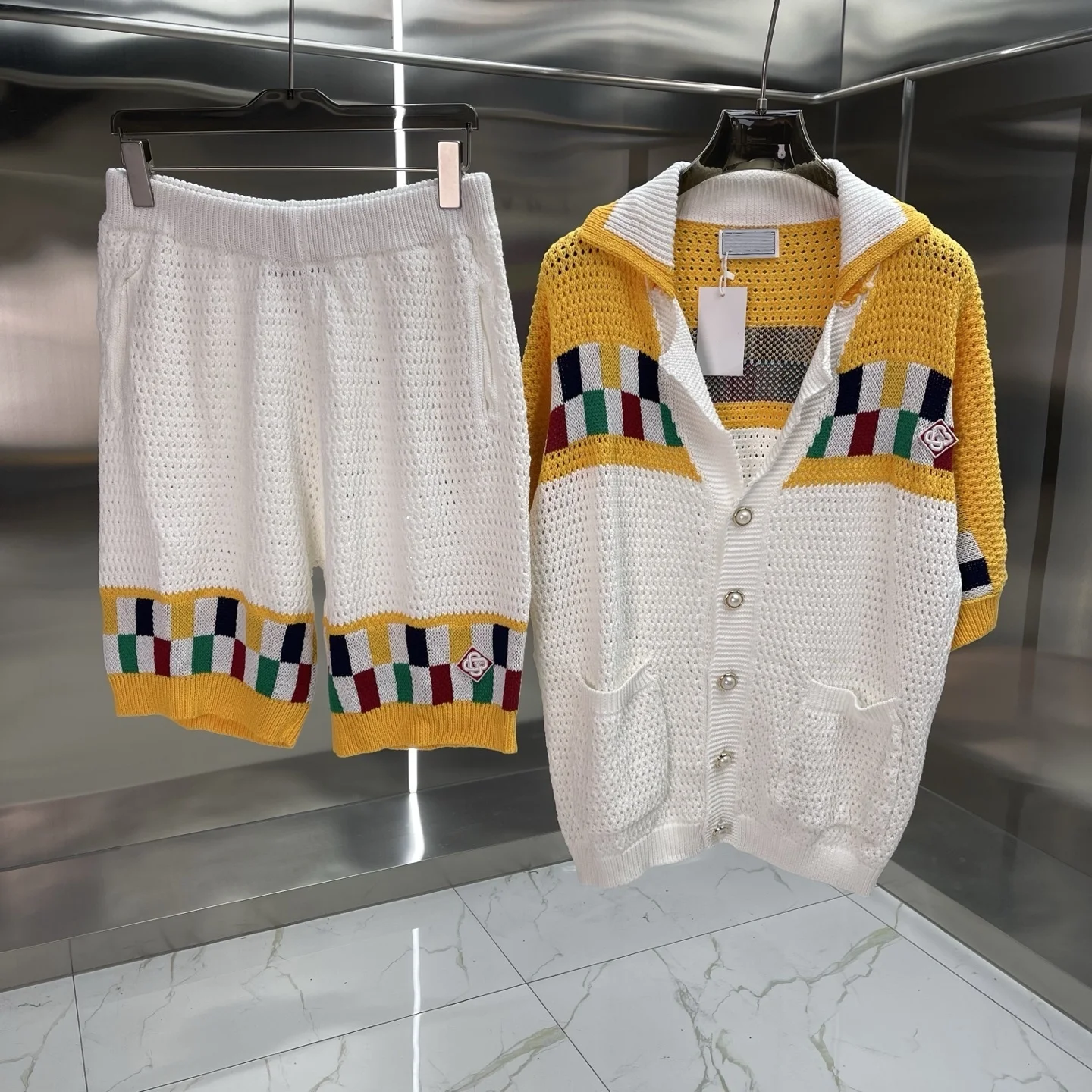 

Faionable Summer Men's Knitted Sweater Set Hollow out ort Sve Color Blo ort Pants Versatile Casual Wear