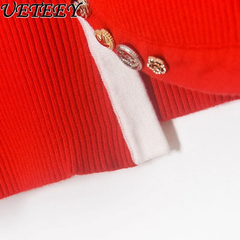 Outono inverno novo botão cor-bloco manga longa camisola de malha moda elegante feminino fino ajuste versátil curto cardigan