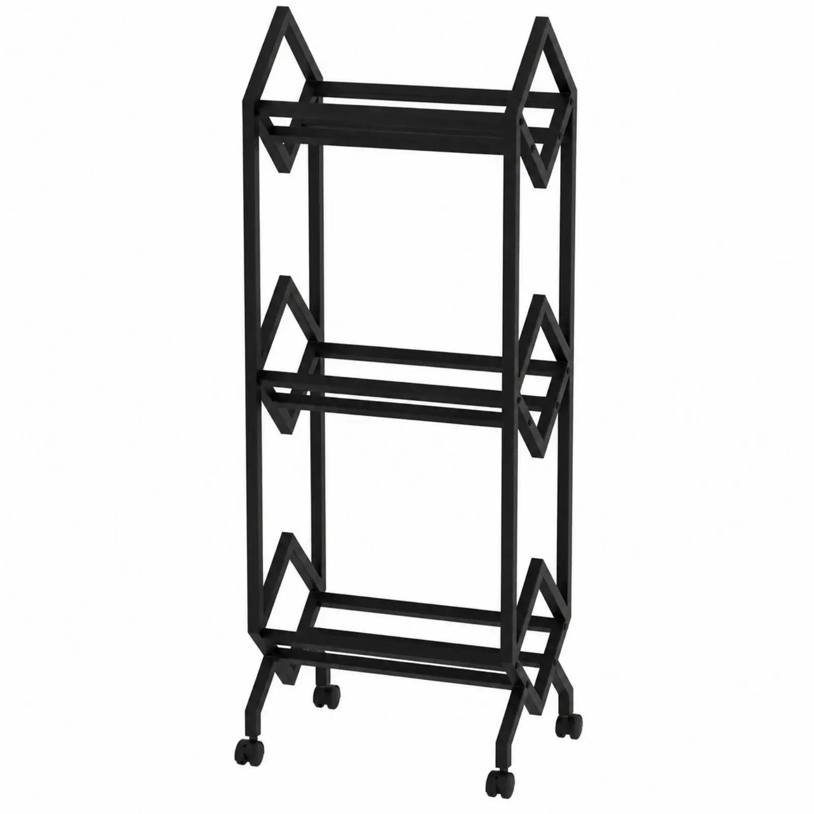 Three-Tier Black Metal Storage and Display Rack Freestanding Tiered Media Shelf with Caster Wheels for Home Office, Reading