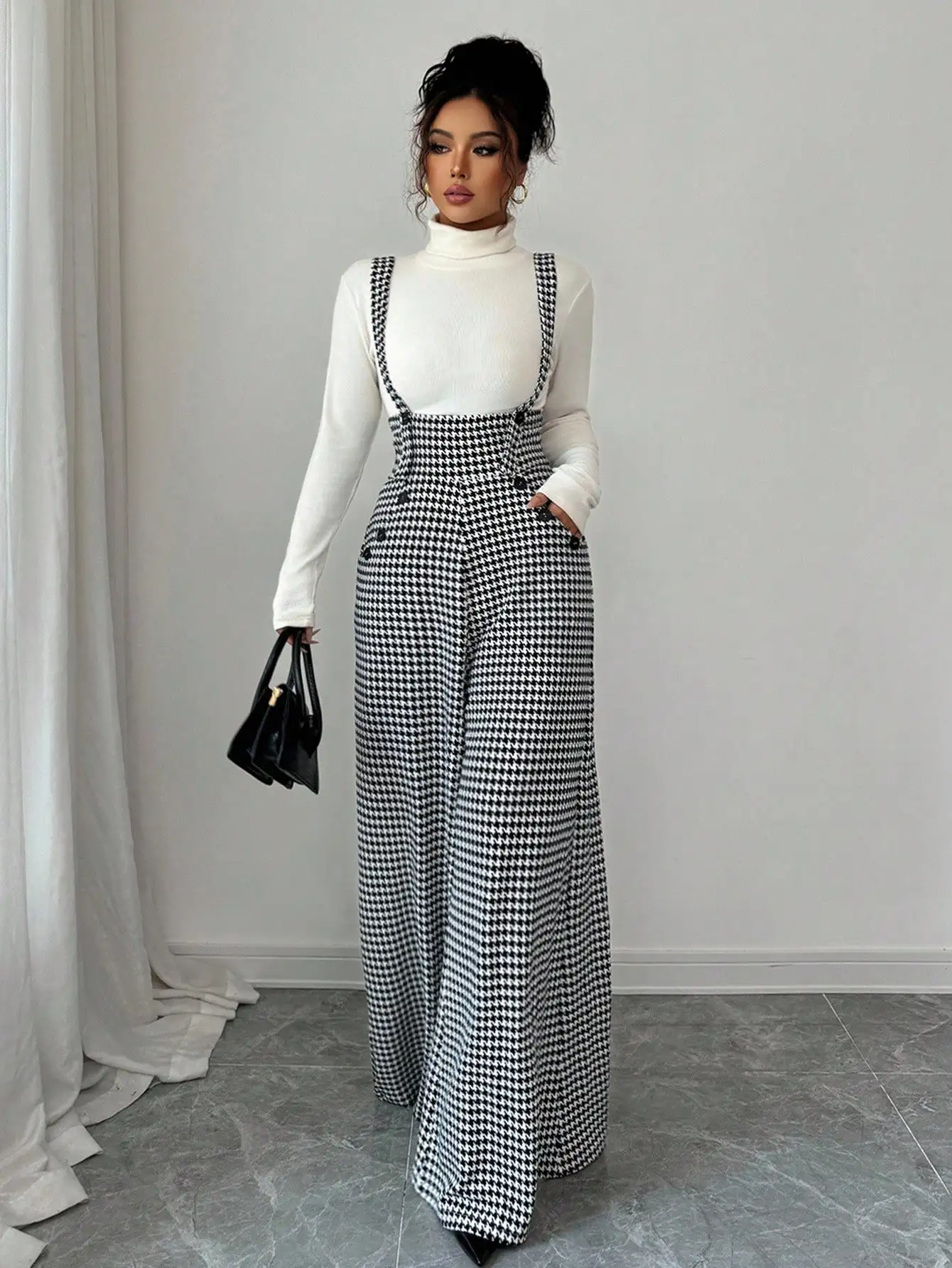 Women's Houndstooth Print Wide Leg Overalls High Waist Suspender Pants with Double Breasted Buttons Casual Fall Overalls Outfit