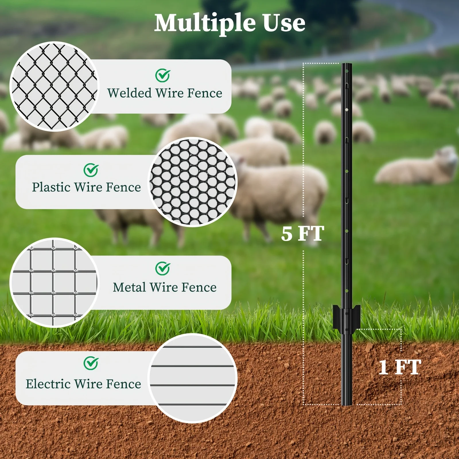 10 Pack Garden Fence Post, 5 Feet Heavy Duty Metal U-Post For Wire Fence, No Dig Garden Fence Stakes For Temporary Fencing