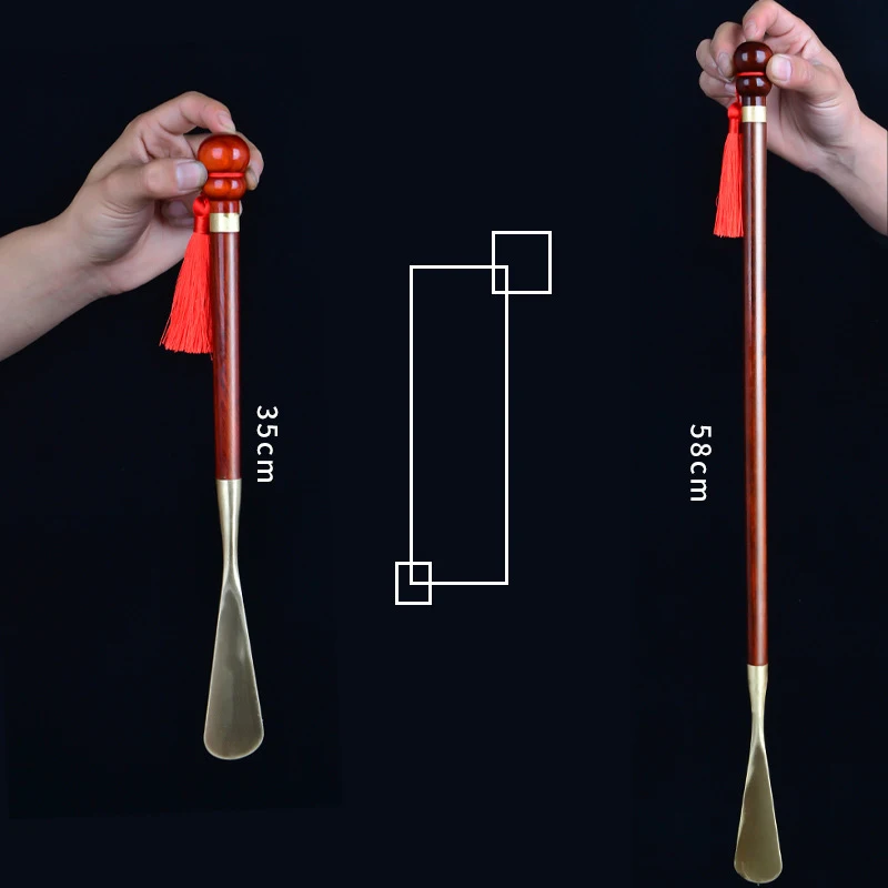 58cm 35cm Sandalwood Wooden Professional Shoe Horn Flexible Long Handle Shoehorn Useful Shoe Lifter Brass Shoe Spoon Home Tools