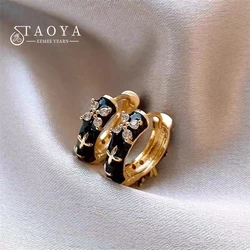 2025 New Design Classic Zircon Flower Shape Black Enamel Gold Color Hoop Earrings For Party Women's Luxury Accessories Jewelry