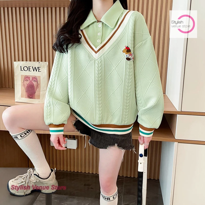 Korean style stitching fake two-piece sweater women's spring and autumn cartoon loose western design embroidered polo collar top