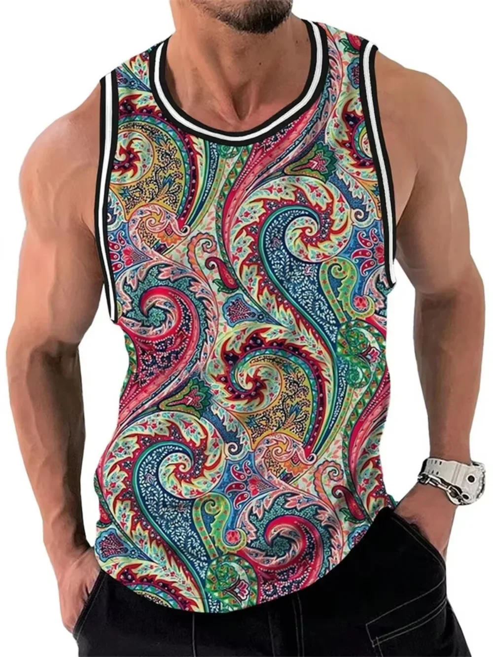 Retro Flower Lotus Pattern 3D Print Men's Large-sized Vest Fashionable Casual Outdoor Trendy Breathable Quick-drying Sports Vest