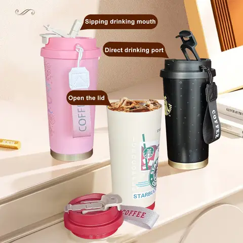 18oz black travel thermos cup.Beautiful,great heat/cold insulation.Holds coffee,juice,chilled drinks.Fits indoor/outdoor