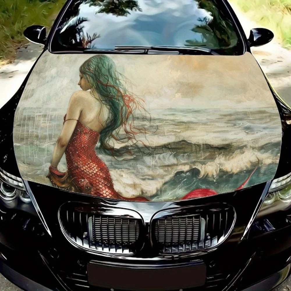 Vintage Dream Mermaid Print Car Hood Stickers - Waterproof Self-Adhesive Vinyl Decals, Vibrant Red & Blue Design, Durable Protec