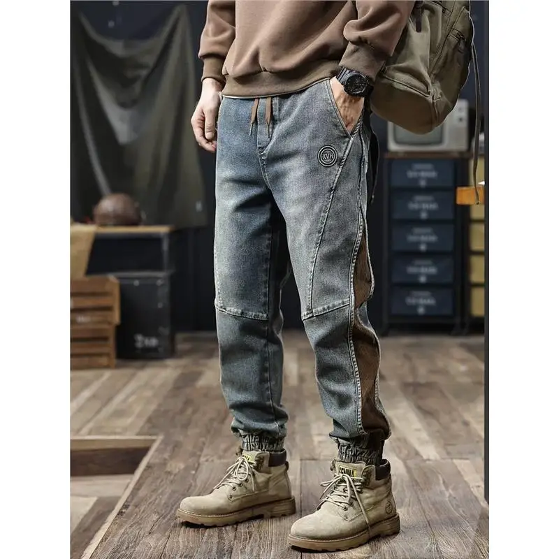 

Retro American Spliced Color Blo Men's Jeans Loose Cuffed Casual Pants Autumn New Sle Trendy Brand Wear Resistant Loose Fit