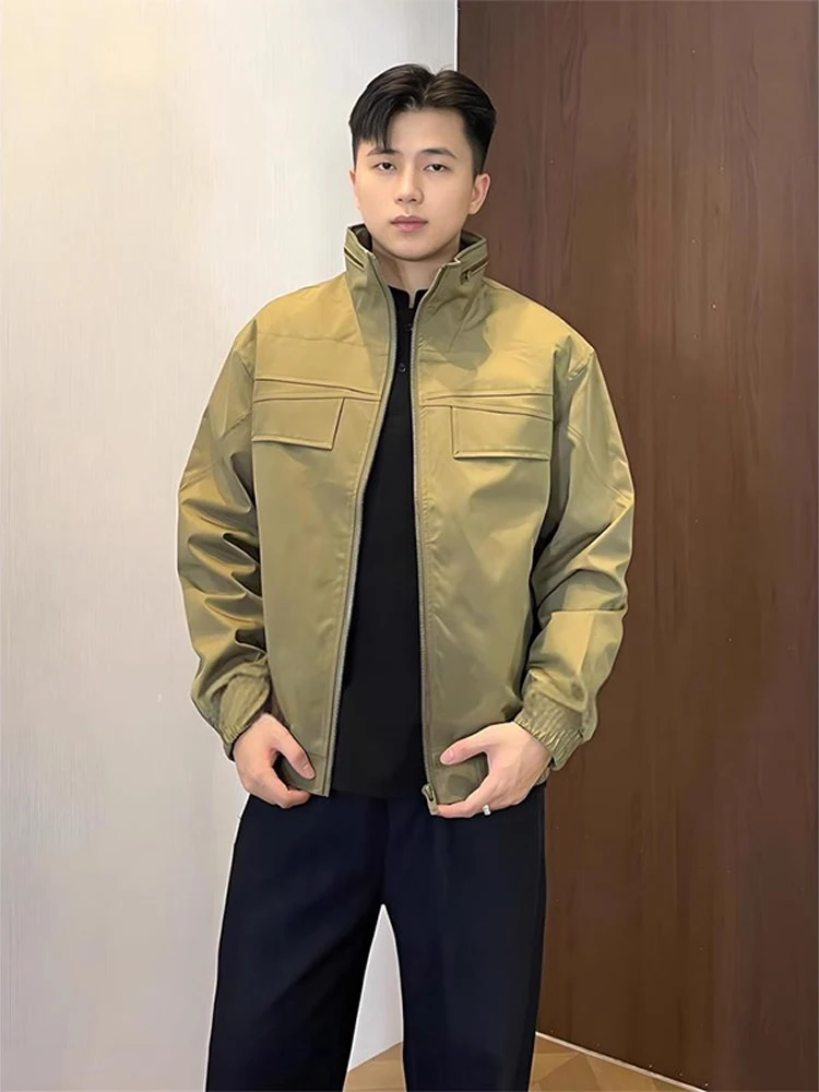 

American Hardman Style Stand Collar Workwear Jacket Khaki Short Shape Shoulder Outerwear Men Autumn Wide Trendy Coat