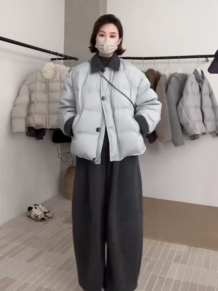 

Повседневная женская куртка из утиного пуха с отложным воротником, в стиле колор-блок, зимнее пальто, укороченное, модное, на молнии, теплое, для повседневной носки