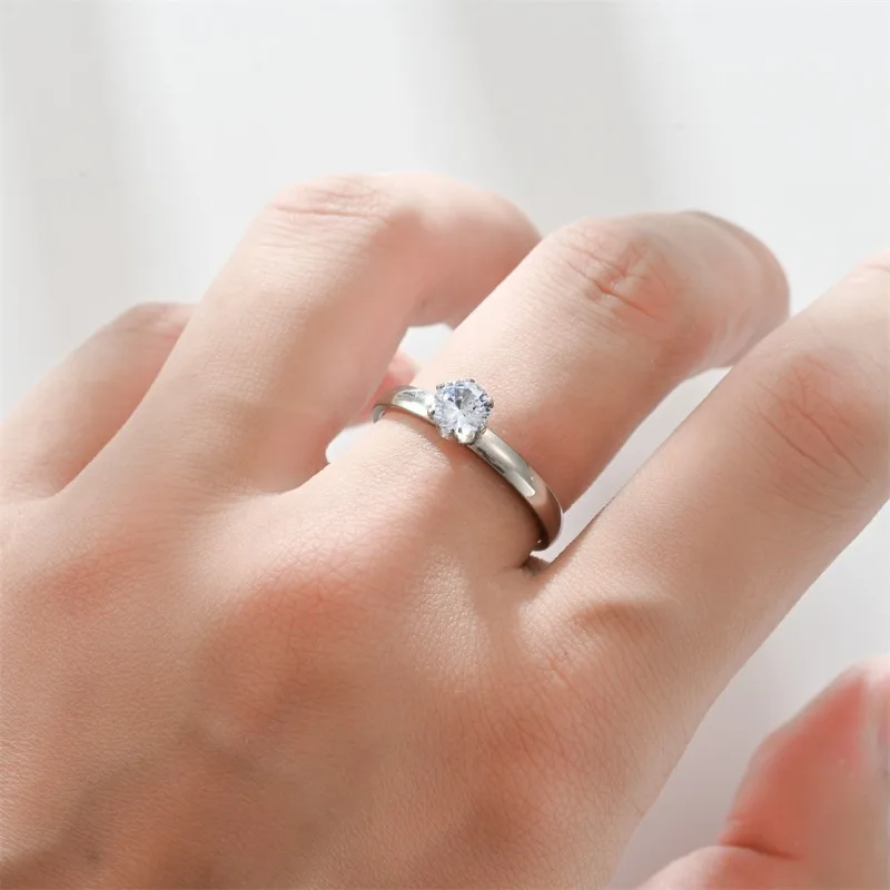 3MM Stainless Steel diamond Rings Fashion Zircon Solitaire Crystal Ring for Women Round Stone Engagement Wedding Ring Jewelry