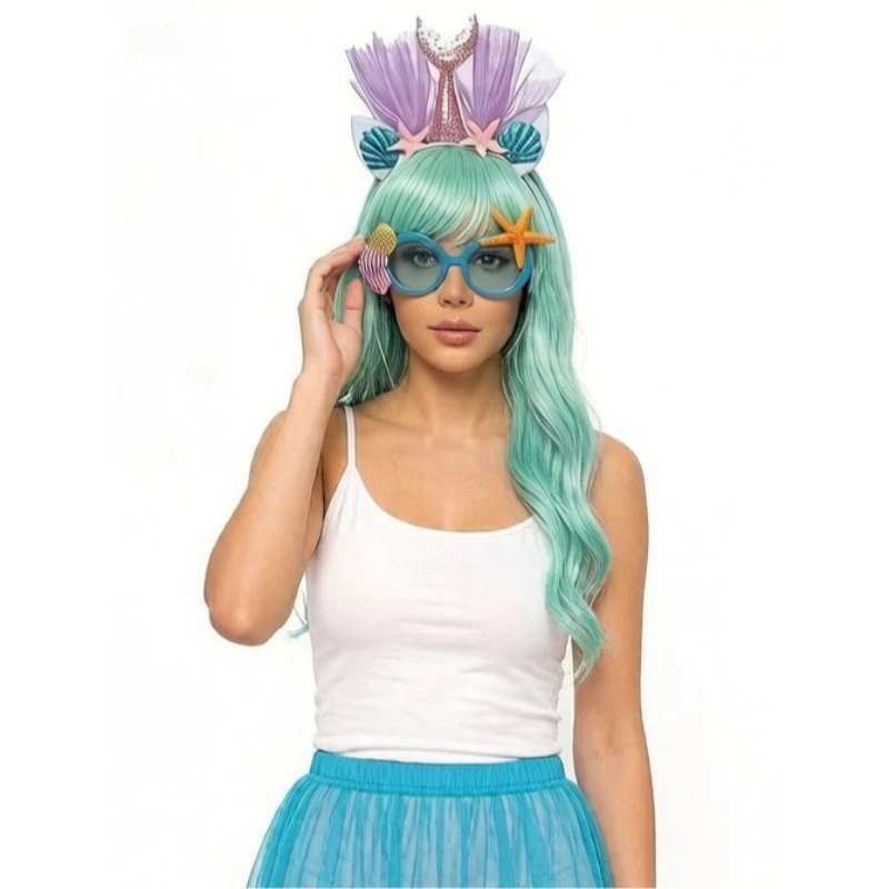 4Pcs Dreamy Mermaid Set with wavy wig, starfish accessories and tulle skirt, ideal for seaside party and cosplay.