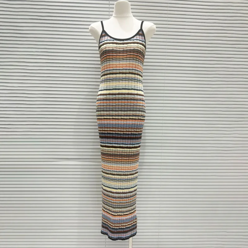 CHUJIE 2025 サマーコントラストストライプドレス - スリムフィットロングニットスリップ＆同スタイル半袖Tシャツ、ビスコース混紡