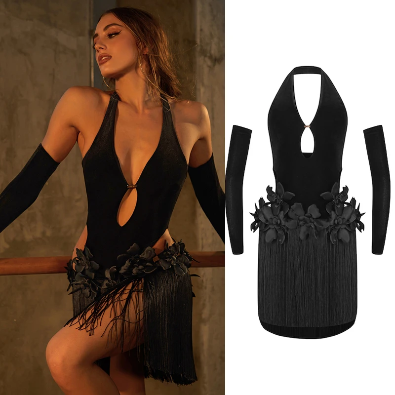 

ZYM Sexy Halter Latin Dance Fringed Dress Adults Waist Flower Latin Dance Performance Dress Women Stage Dance Costume SL14188