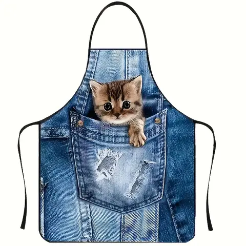 1pc Cute Denim Blue Pocket Cat Kitchen Apron, Suitable for Cooking, Baking, Home Cleaning, BBQ and Outdoor Parties