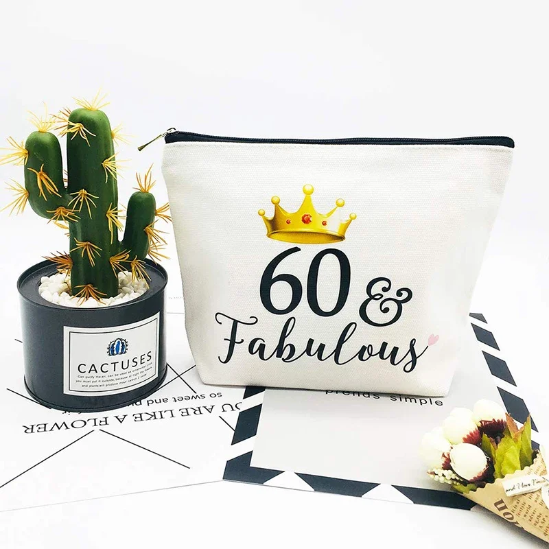 60 & Fabulous canvas Makeup Cosmetic bag Mother grandma 60th 60 years old sixty Birthday Party Gift Decoration supplies