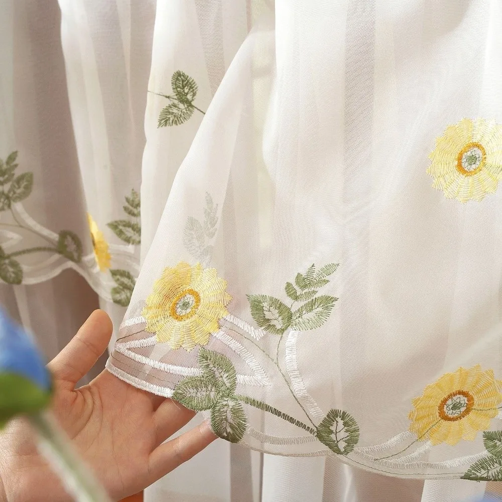 Pastoral Style Floral Lace Curtains Sheer Voile Dust-Proof Cafe Curtains Light Blocking Lace Trim Window Drapes Kitchen