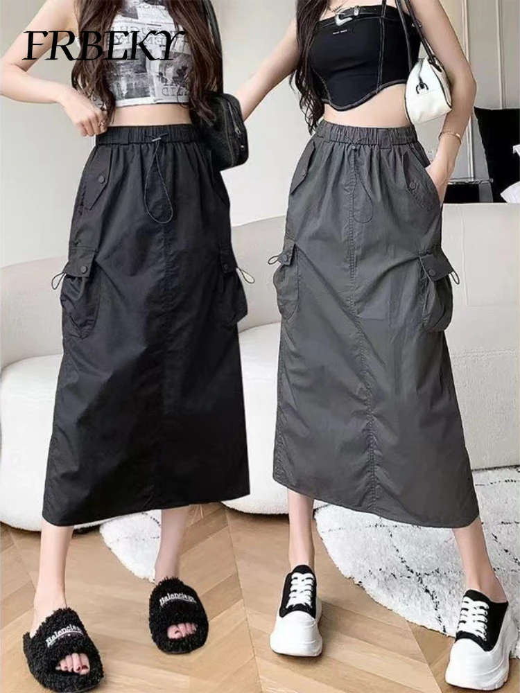 Skirts for Women Spring Summer Drawstring Workwear Half-body Skirt Split Mid-length Skirt Pure Color Package Hip One-Step Skirt