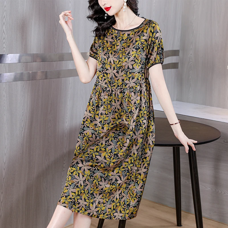 여름 여성 새틴 빈티지 럭셔리 Bodycon 드레스 2025 사무실 노란색 꽃 실크 미디 드레스 우아한 캐주얼 나이트 파티 Vestidos