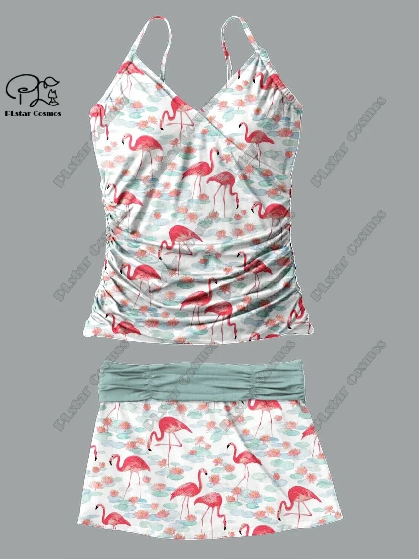 Traje de baño de dos piezas con cuello en V para mujer, falda con tirantes y estampado 3D de flores y flamencos, para vacaciones y viajes, novedad de H-4