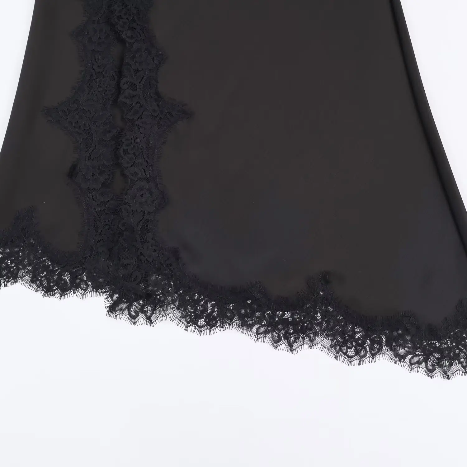 BSAY Schwarzes Asymmetrie-Spitzen-Satin-Kleid Damenbekleidung Herbst neue schicke französische Eleganz Seitenschlitz sexy V-Ausschnitt Sling-Abend