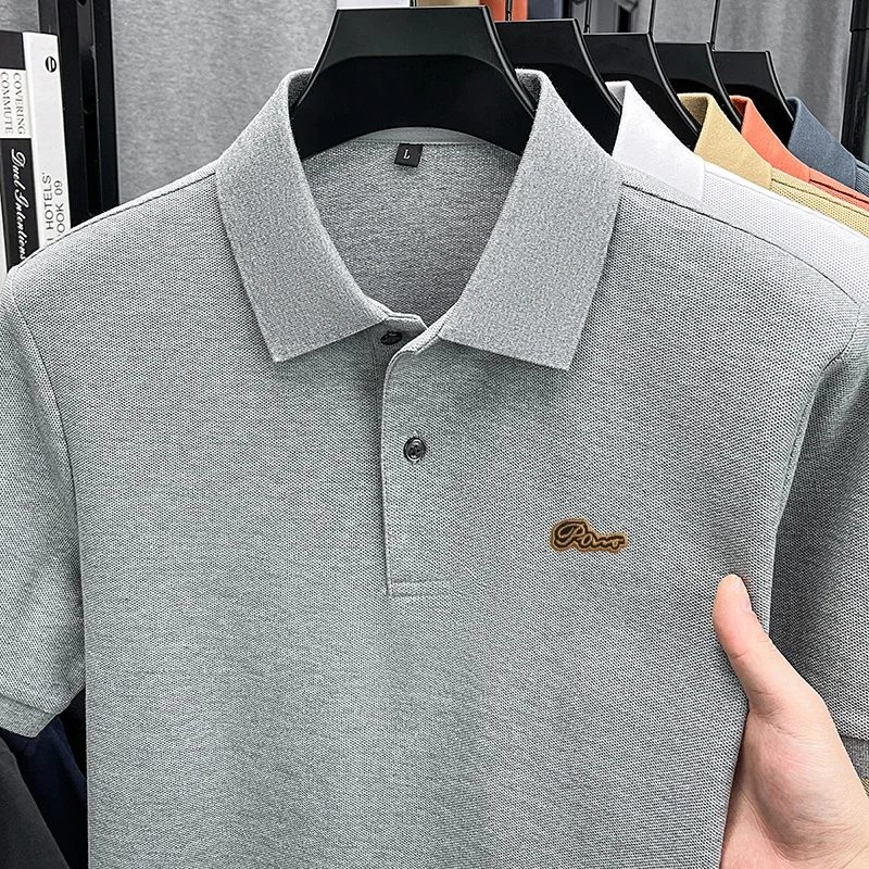 High Quality 100% Cotton Men Summer Short-Sleeved Polo Shirt Lapel Button Various Colors Letter Embroidery Snug Men's Clothing