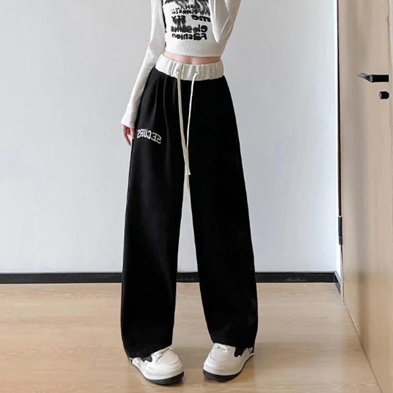 Vintage Letter Embroidery Y2K Sweatpants for Woman Chic Patchwork Design Casual Trousers Autumn Winter High Waist Straight Pants