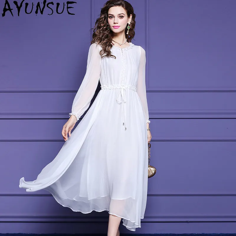 

AYUNSUE 100% Natural Silk white Dress Women Clothes French Fashion Summer Dress lace-up Elegant Womens Dresses Vestidos De Mujer