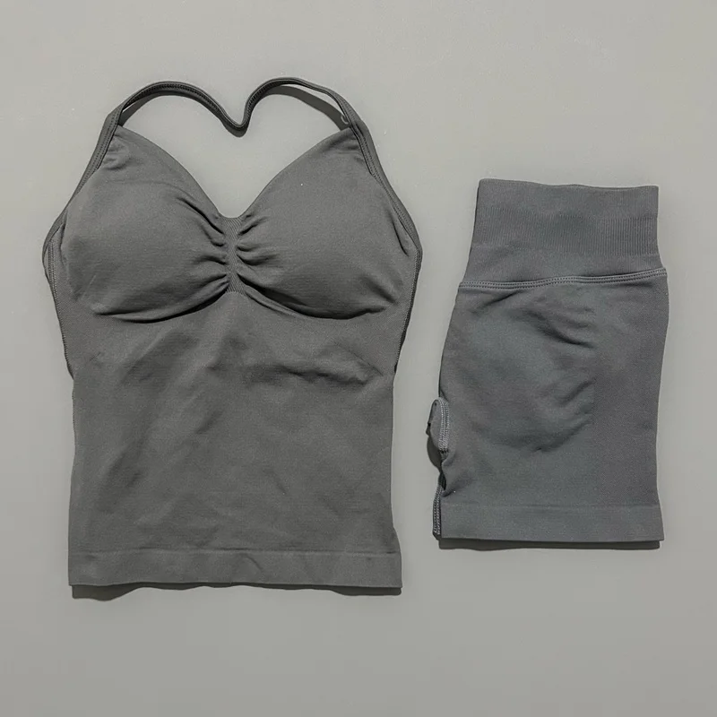 HITELLO Gym-Shorts-Set für Damen, nahtlos, Yoga, Longline-Top mit Trägern, Scrunch-Butt-Workout-Shorts-Set, Fitness, zweiteiliger Sportanzug – Detail 15